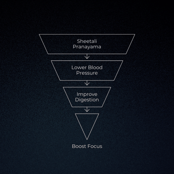 The image features an inverted triangle, symbolizing a downward flow of benefits from practicing Sheetali Pranayama:  At the top, we have 