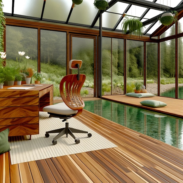 Chronic Care Co.'s vision of a harmonious work-life balance is captured in this modern, eco-friendly office space, which blends productivity with relaxation, featuring a sleek wooden desk, ergonomic chair, and tranquil yoga space in a bright cozy greenhouse overlooking lush greenery.