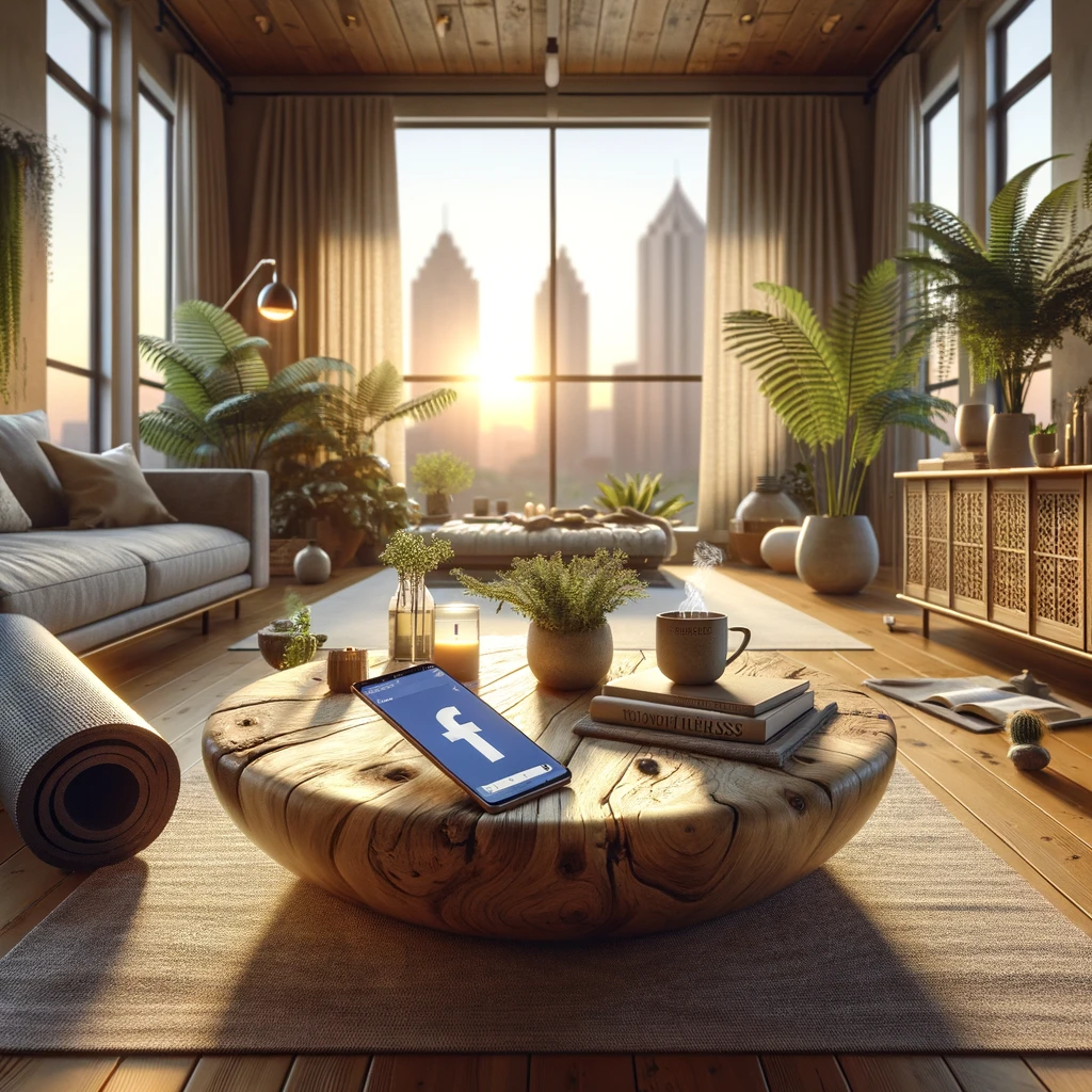 Serene home interior at sunrise, with yoga mat, herbal tea and Facebook on a tablet, highlighting a tranquil lifestyle connected to the online community, set against the Atlanta skyline.